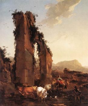 Nicolaes Berchem : Peasants With Cattle By A Ruined Aqueduct